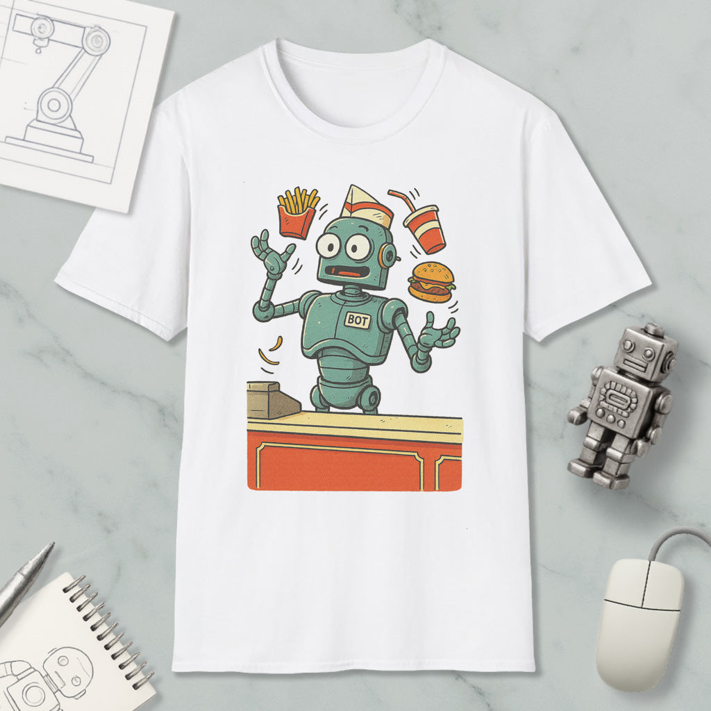 A white t-shirt with a cartoon robot standing on a table, surrounded by various objects such as a computer mouse, a notebook, and a hamburger.