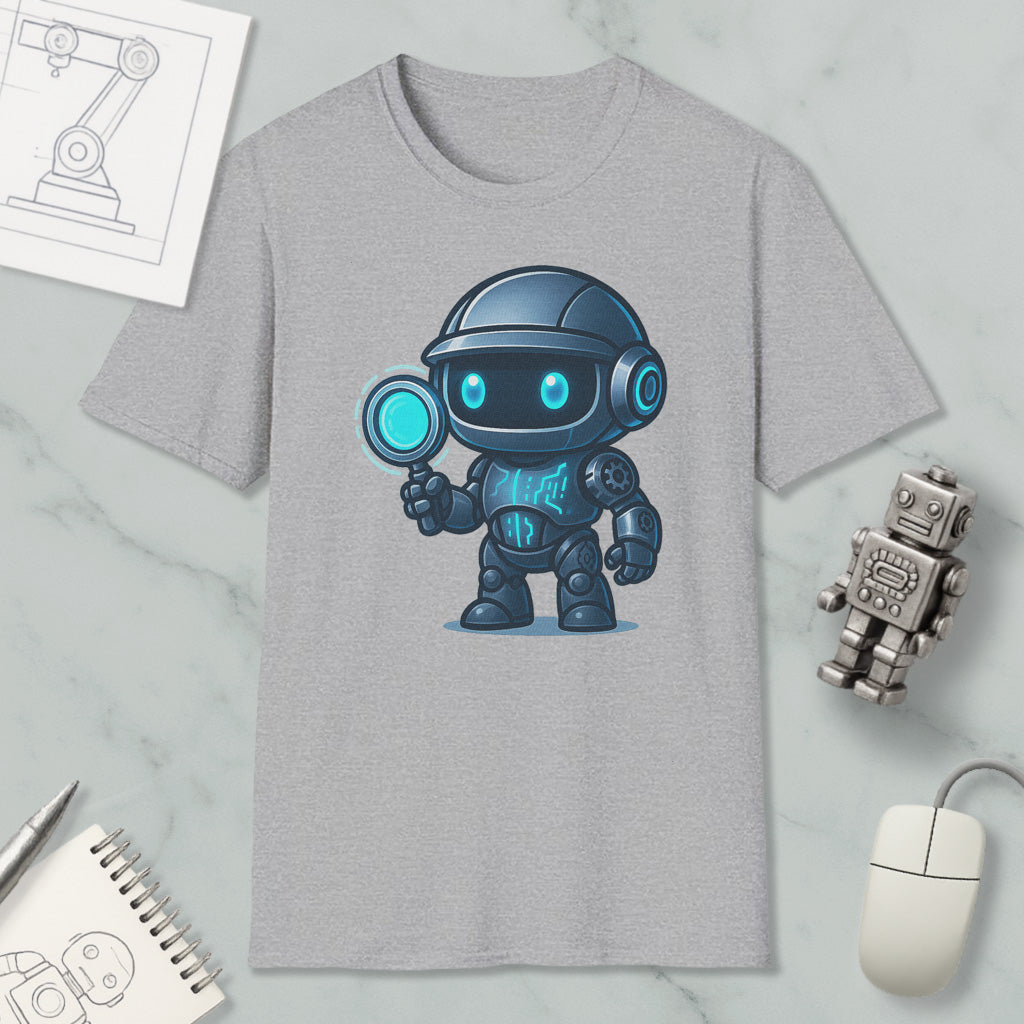 a gray t-shirt with a cartoon robot design, along with various objects such as a computer mouse, a notebook, and a pen.