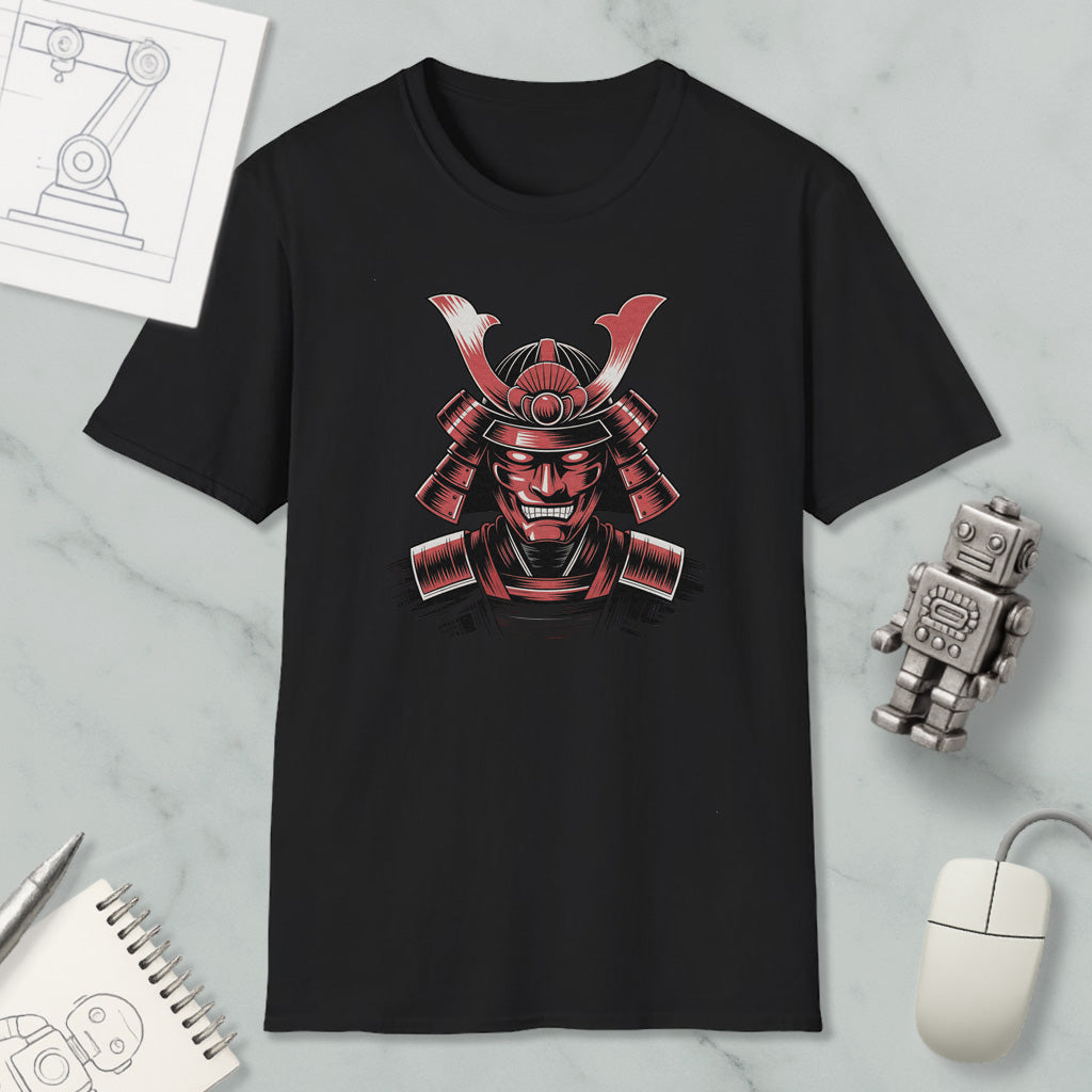 a black t-shirt with a graphic design of a red and black warrior helmet, along with a small robot and a notebook.