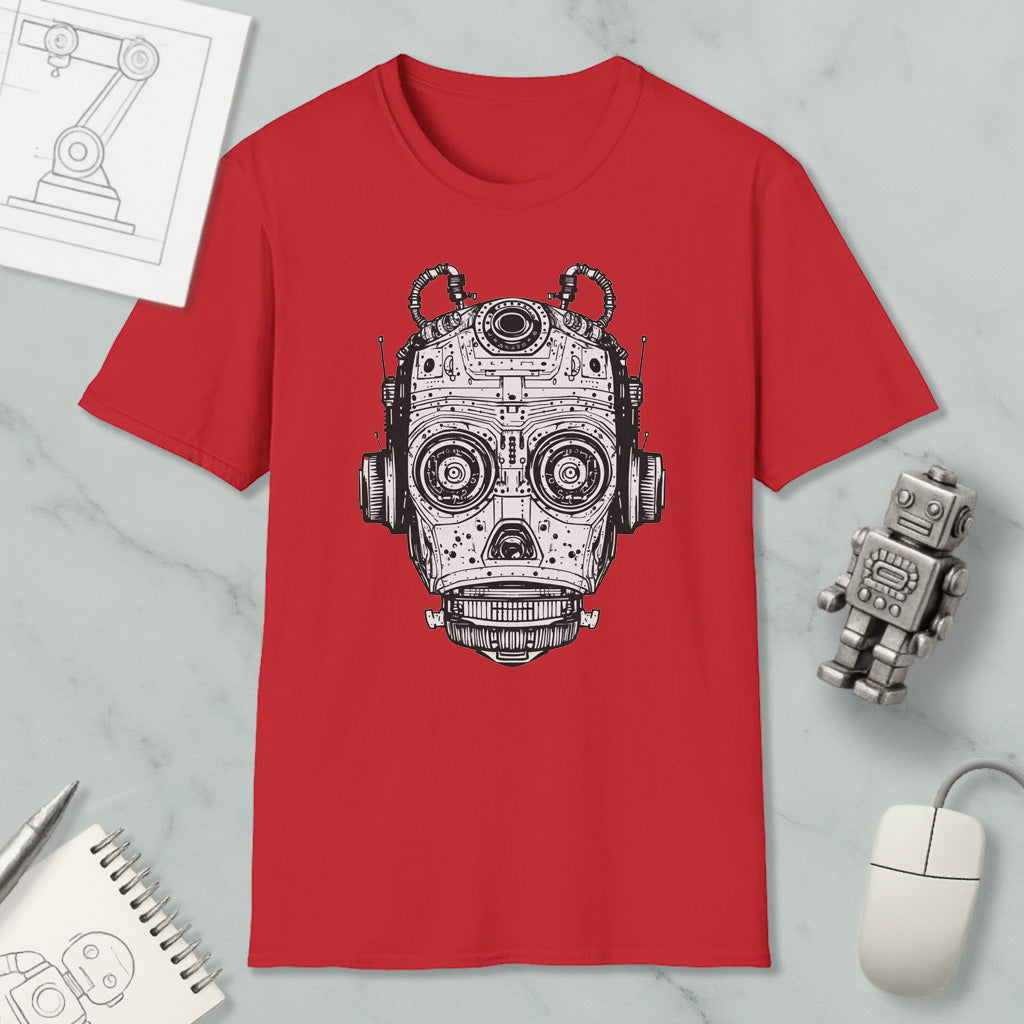a red t-shirt with a black and white illustration of a robot or machine head, along with a computer mouse, a notebook, and a pen on a marble surface.