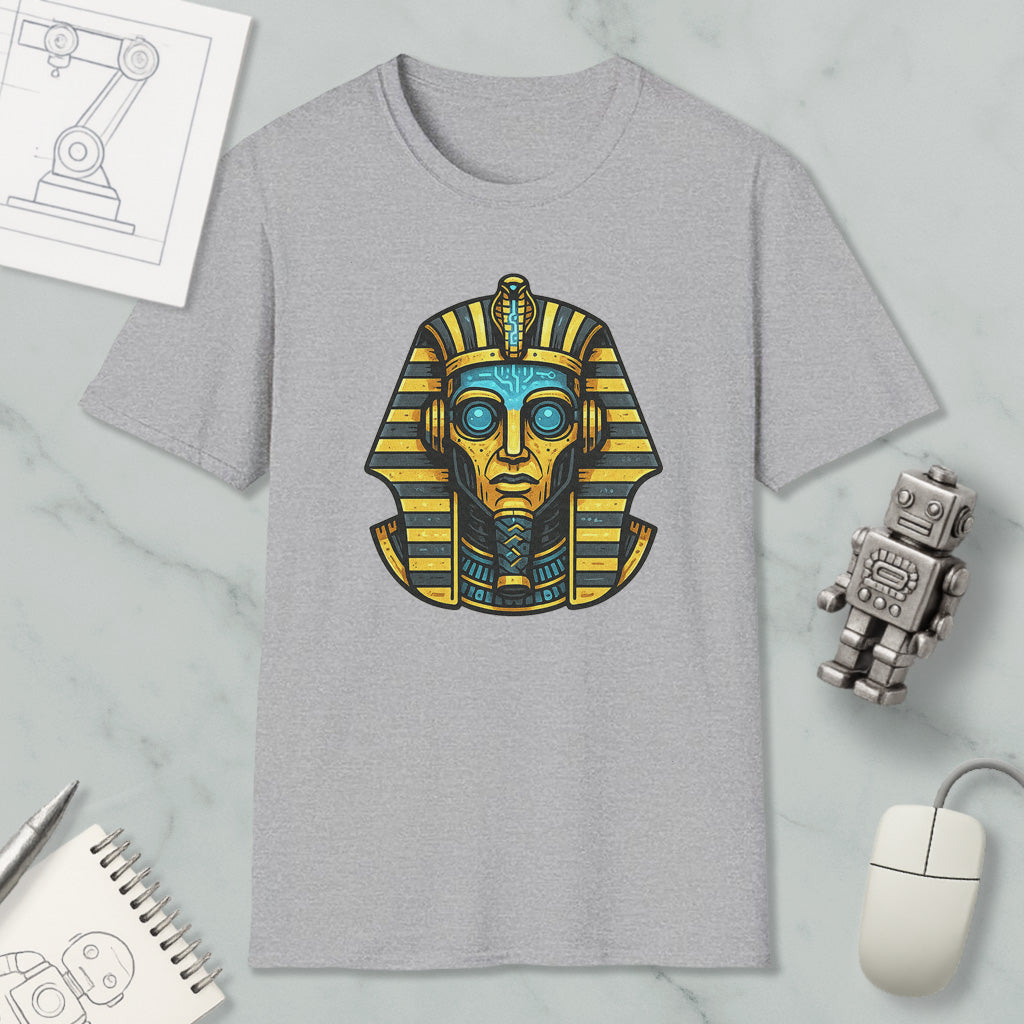 a gray t-shirt with a graphic design of an Egyptian pharaoh's head, surrounded by various objects such as a computer mouse, a notebook, and a robot.