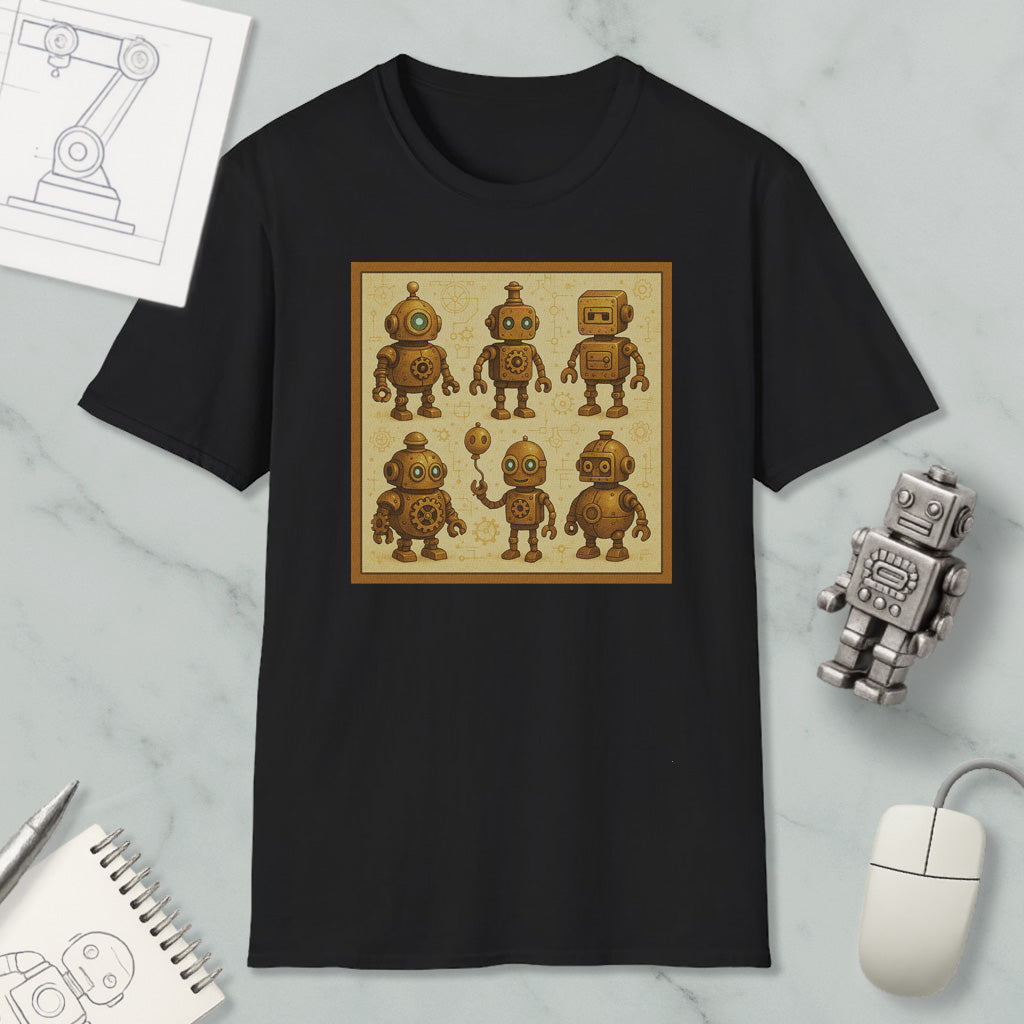 a black t-shirt with a square design of six cartoon-like robots, each with unique features and poses. The t-shirt is displayed on a marble surface, along with a computer mouse, a notepad, and a pen.