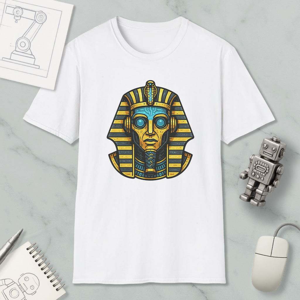 a white t-shirt with an illustration of an Egyptian pharaoh's head, surrounded by various objects such as a computer mouse, a notebook, and a robot.