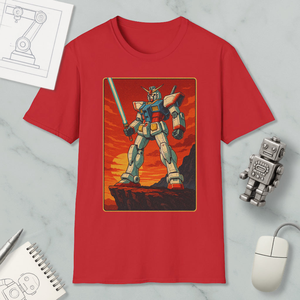 a red t-shirt with a graphic of a robot or mechanical figure, along with a computer mouse and other office supplies.
