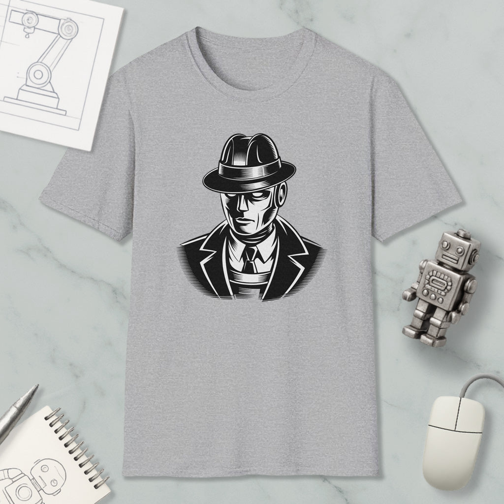 a gray t-shirt with a graphic of a man wearing a hat and suit, along with a small robot and a computer mouse.