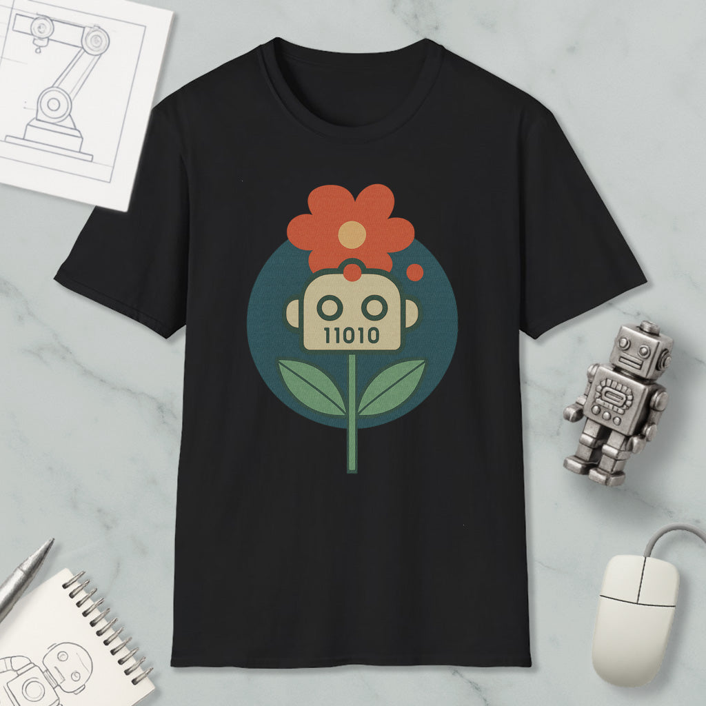 a black t-shirt with a graphic design of a flower and a robot, along with various objects such as a computer mouse, a notebook, and a robot figurine.
