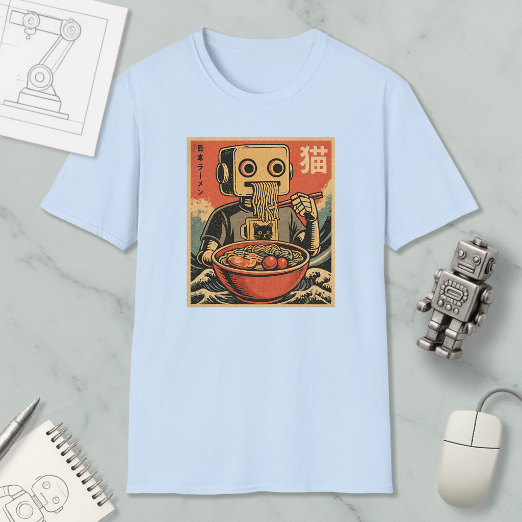 A light blue t-shirt with a graphic design depicting a robot eating noodles, surrounded by various objects such as a computer mouse, a notebook, and a robot figurine.