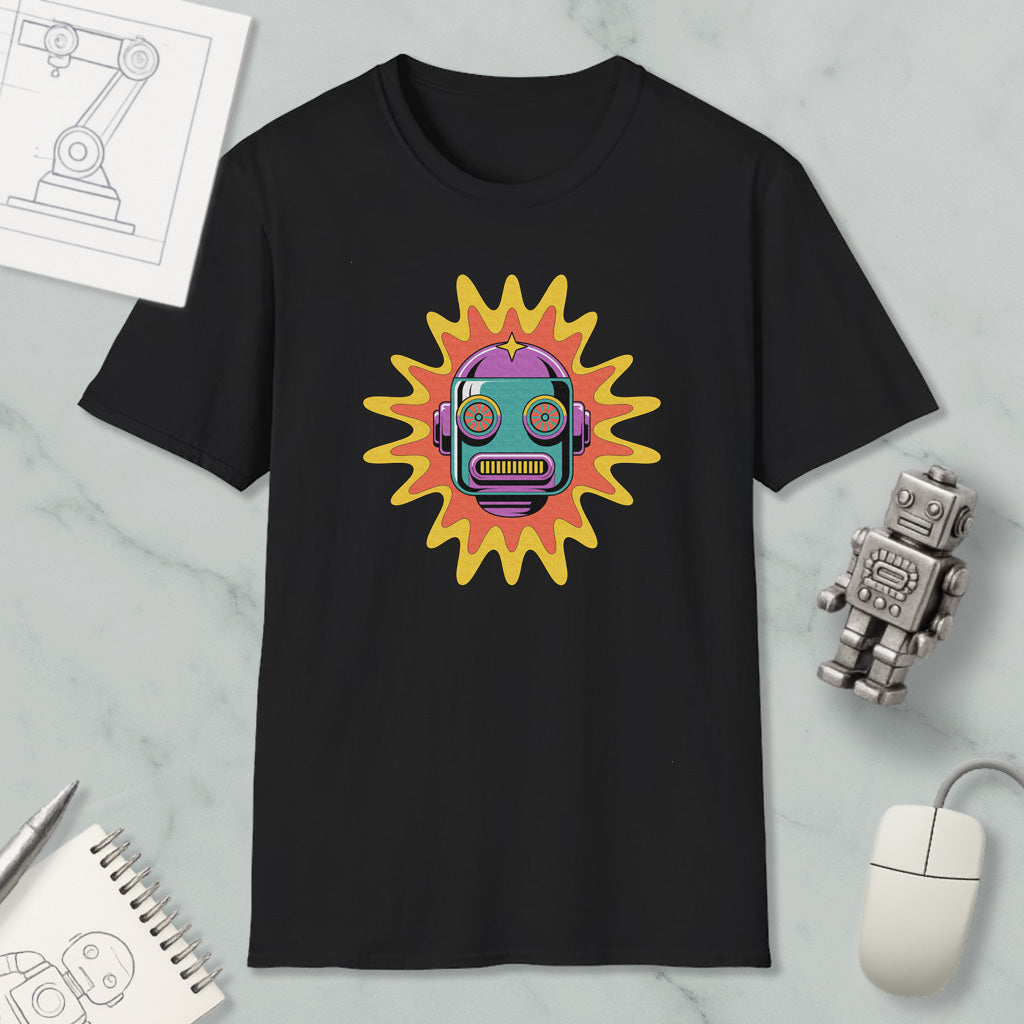 a black t-shirt with a colorful robot design on it, along with various objects such as a computer mouse, a notebook, and a robot figurine.