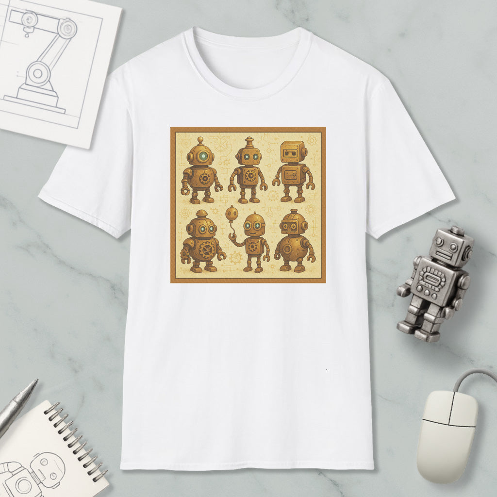 a white t-shirt with a square graphic design of six cartoon-like robots, each with unique features and poses. The t-shirt is placed on a marble surface, surrounded by various objects such as a computer mouse, a pen, and a notebook.