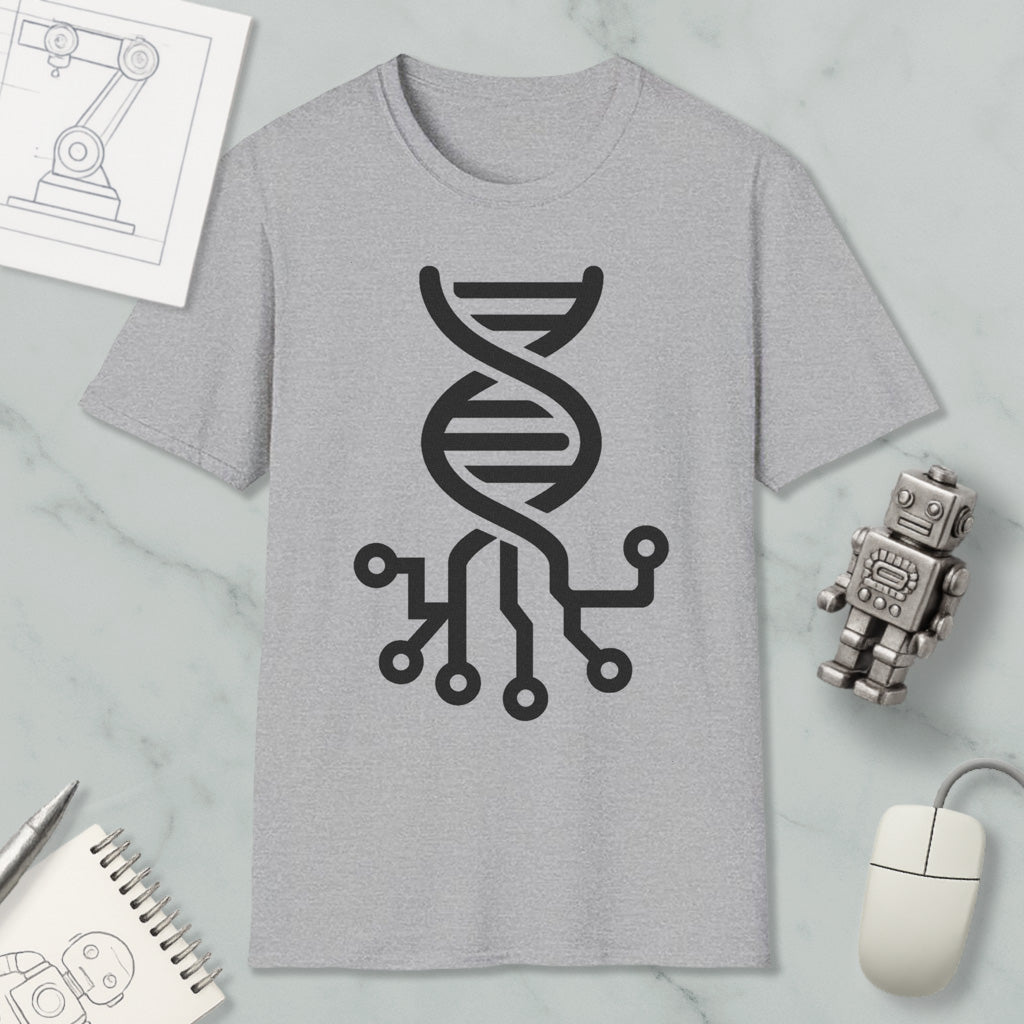 a gray t-shirt with a black graphic design, a computer mouse, a robot, and a notebook on a marble surface.