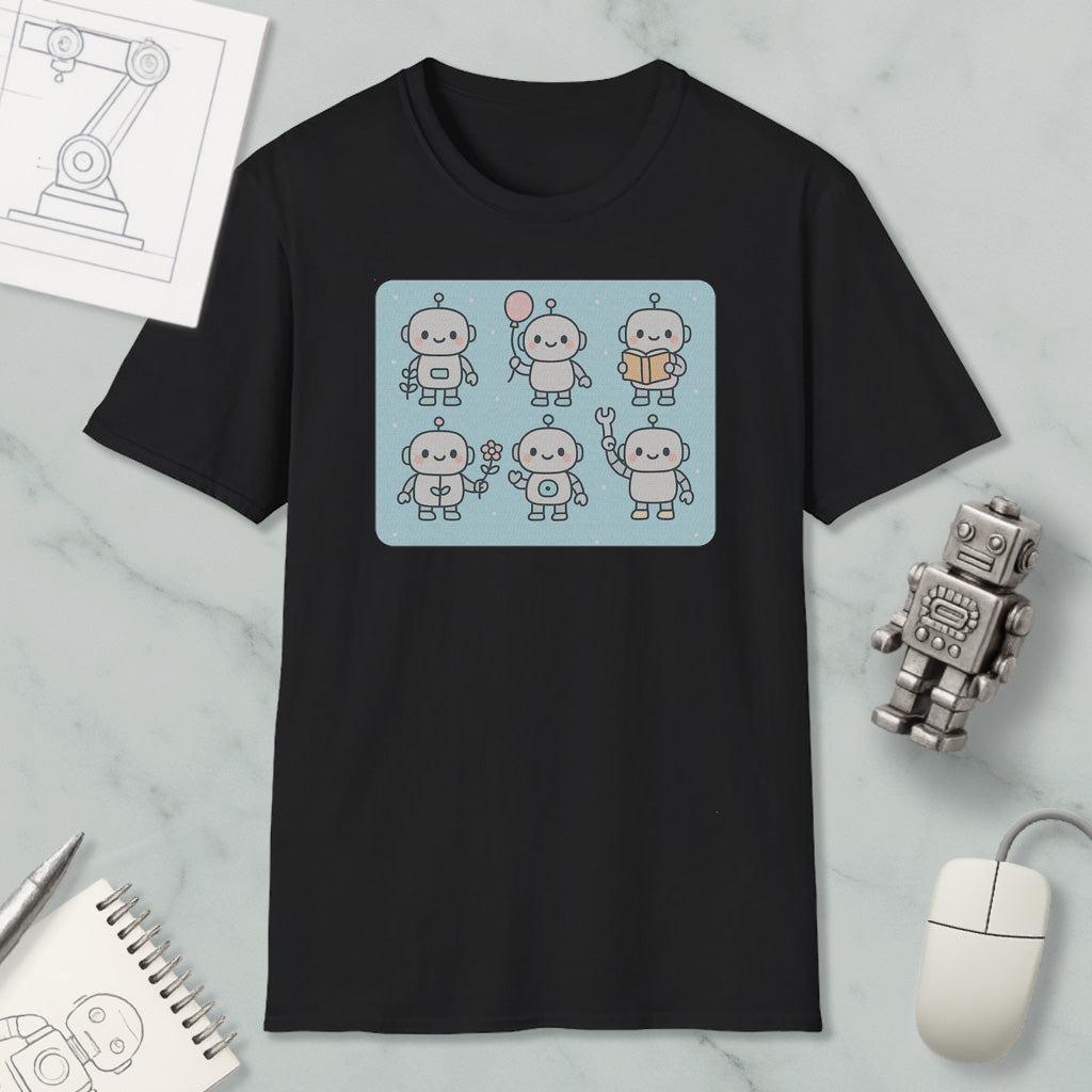 a black t-shirt with a graphic design of six cute robot characters, each with a unique pose and accessory. The t-shirt is displayed on a marble surface, along with a computer mouse, a notepad, and a small robot figurine.