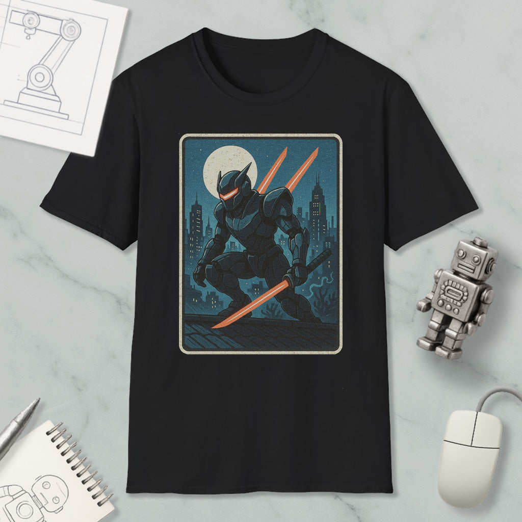 a black t-shirt with a graphic design depicting a robot or character holding a sword and standing on a rooftop at night. The design is surrounded by various objects, including a mouse, a notebook, and a robot figurine.