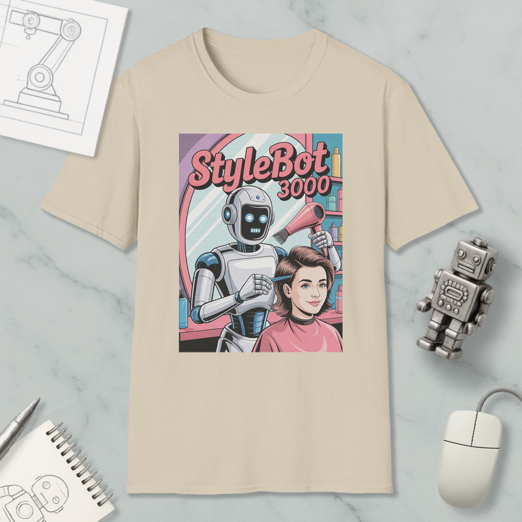 a t-shirt with a graphic design depicting a robot hairdresser styling a woman's hair, along with a computer mouse and a notebook.