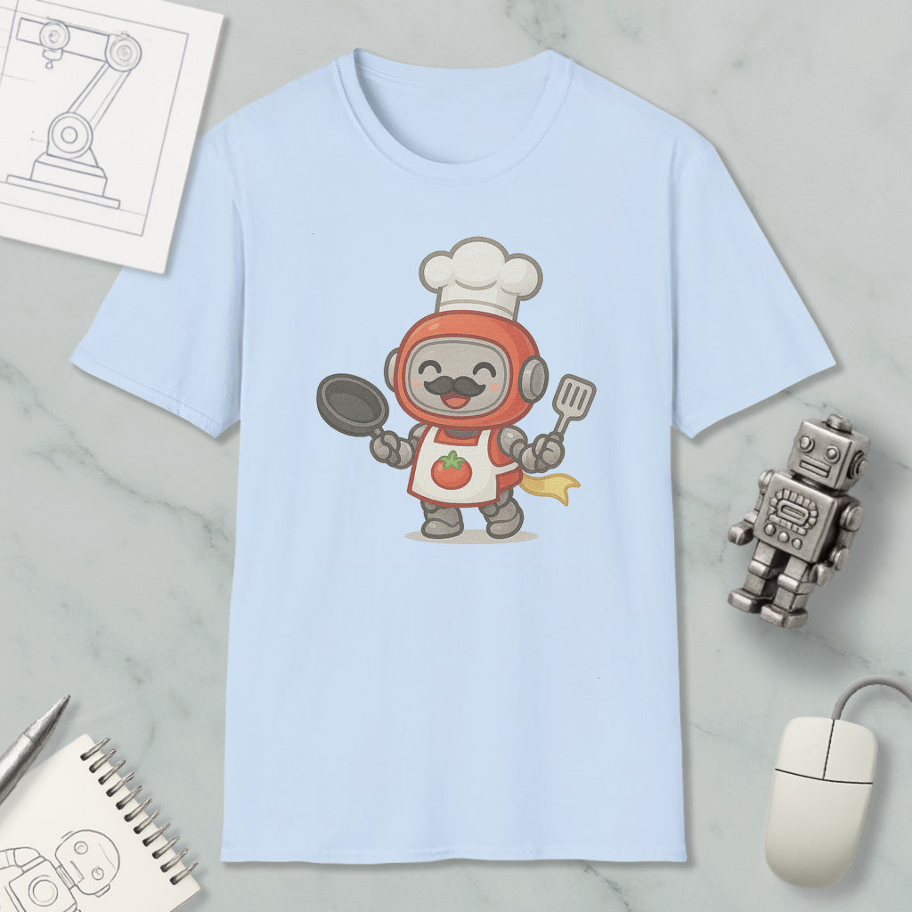 A light blue t-shirt with a cartoon robot chef design, along with a computer mouse, a notebook, and a small robot figurine.
