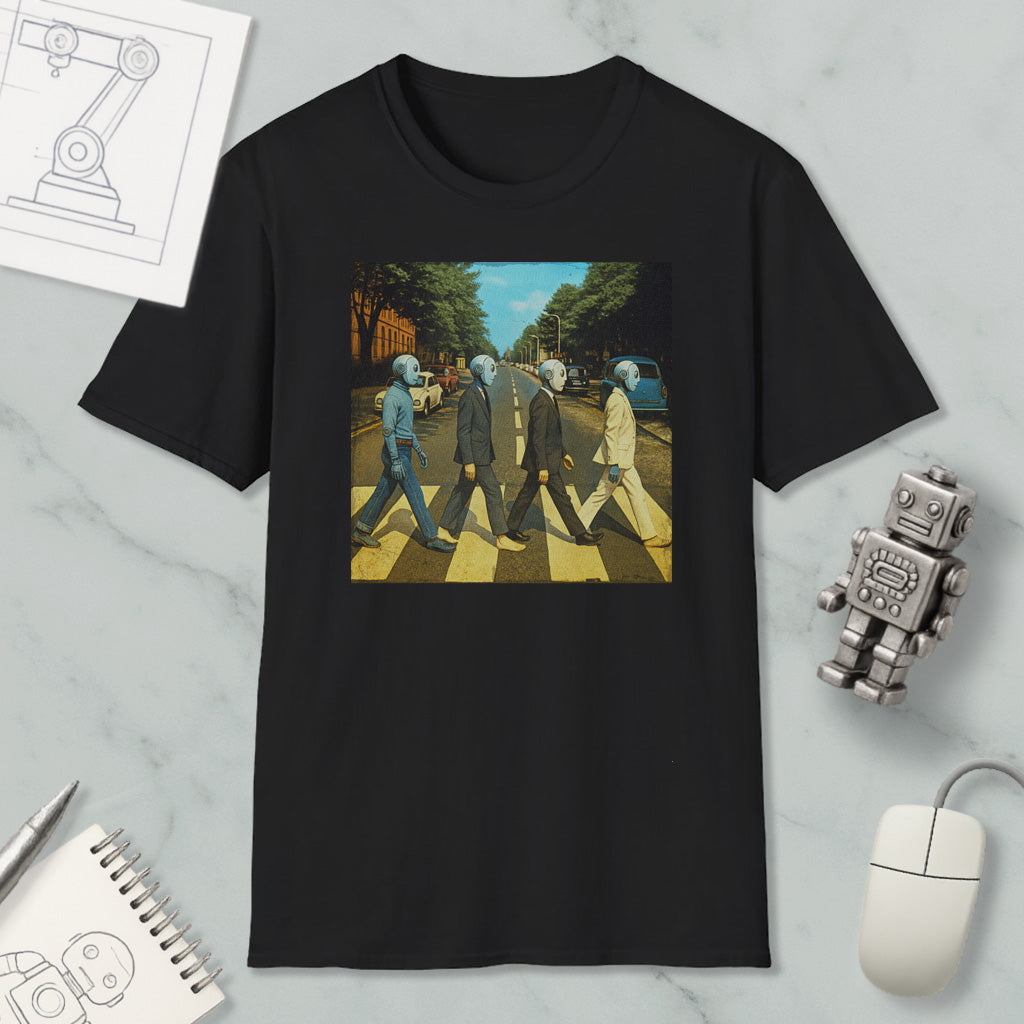 a black t-shirt with a graphic design depicting the iconic album cover for the band The Beatles, with the four members of the band walking across the crosswalk in a city street.