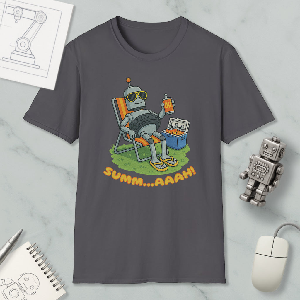 a gray t-shirt with a cartoon robot sitting in a chair and holding a drink, accompanied by the text "SUMM...AAAH!"