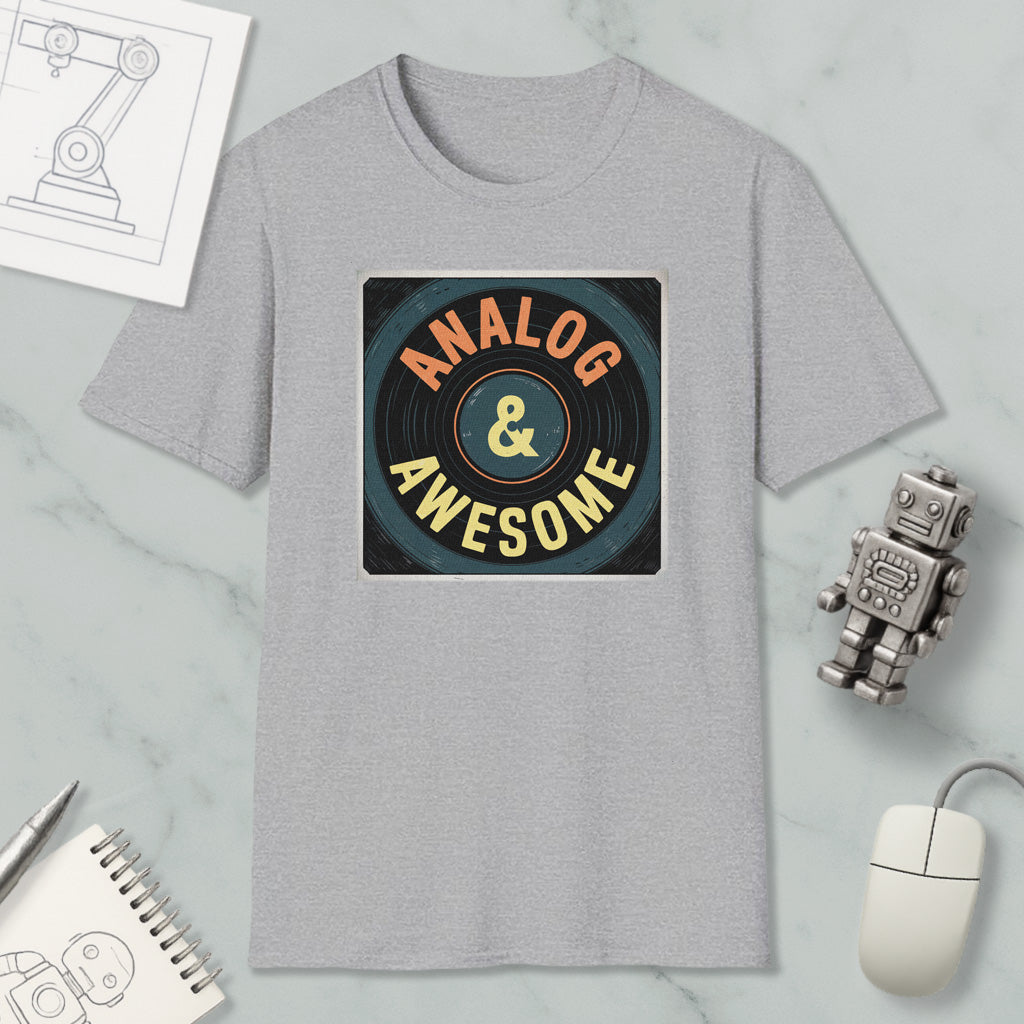 a gray t-shirt with a graphic design that says "ANALOG & AWESOME" on it, along with a robot and a computer mouse.