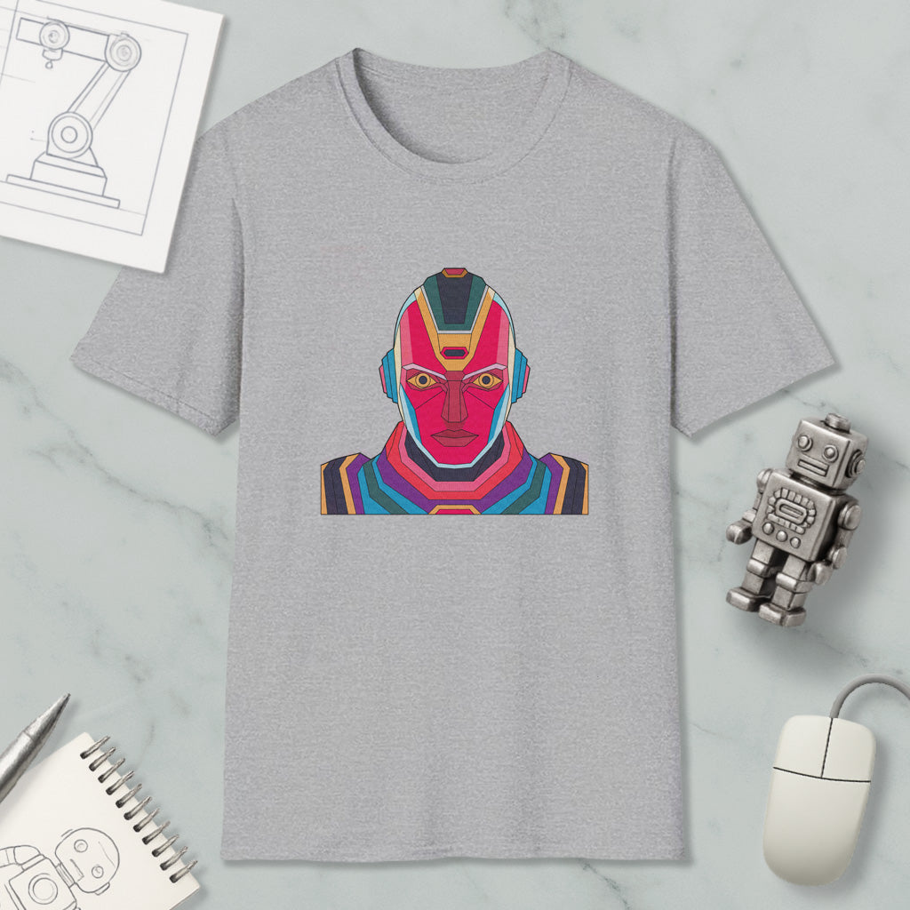 a gray t-shirt with a colorful graphic of a robot or character on it, along with various objects such as a computer mouse, a notebook, and a pen.