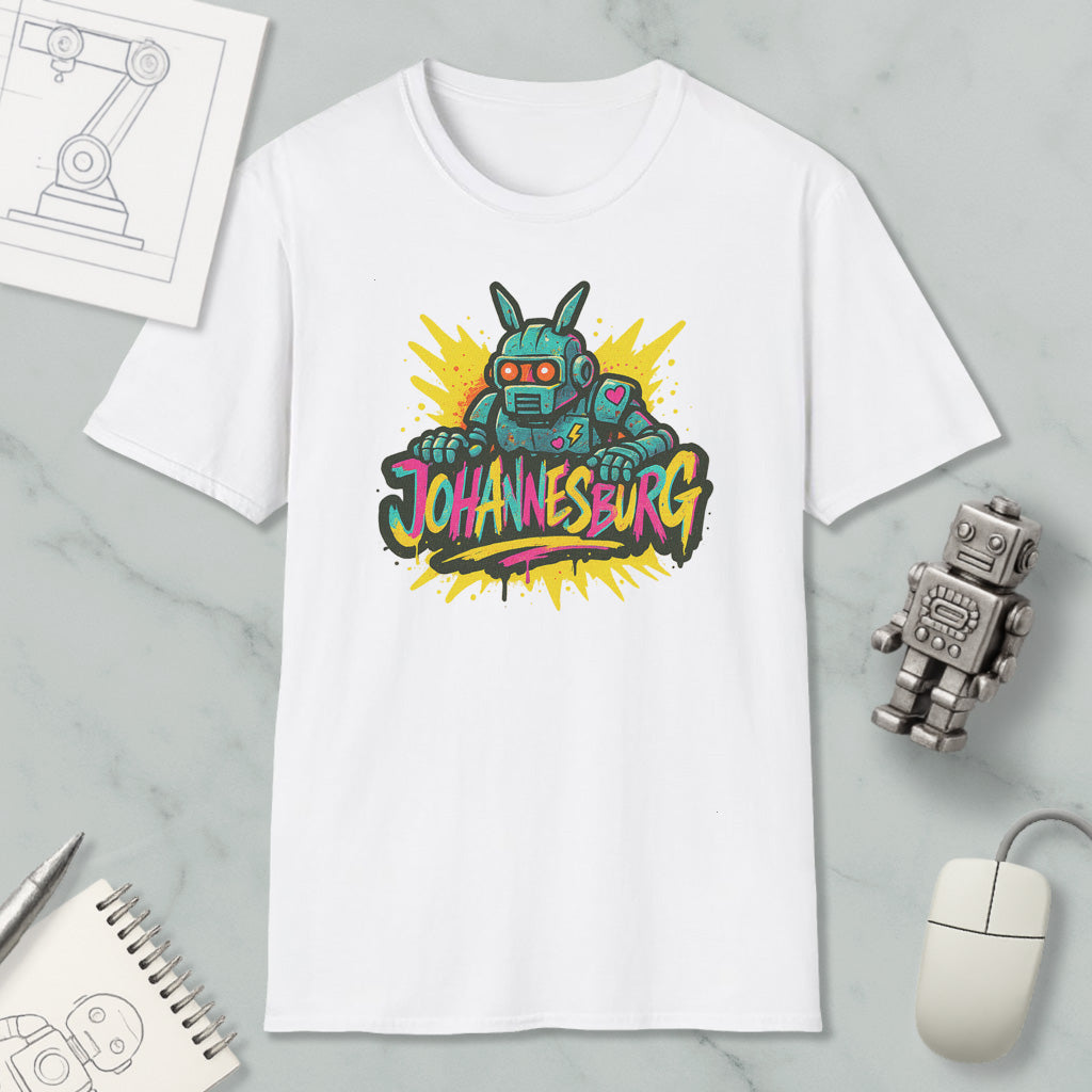 a white t-shirt with a colorful graphic design, including a robot and the text "Johannesburg". The t-shirt is placed on a marble surface, along with a computer mouse, a pen, and a notebook.