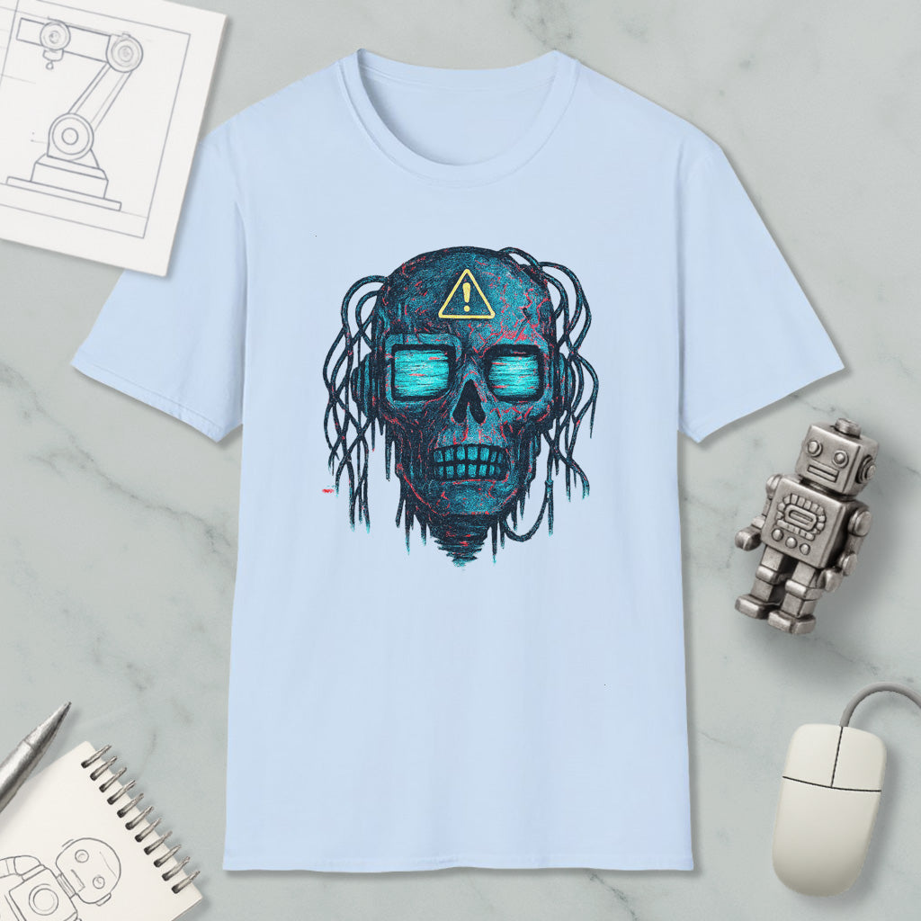 a light blue t-shirt with a skull design, along with various objects such as a computer mouse, a notebook, and a robot.