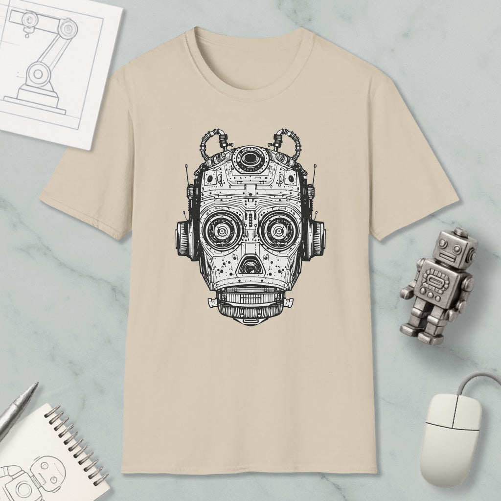 a beige t-shirt with a black and white illustration of a robot or machine head, along with various objects such as a computer mouse, a pen, and a notebook.