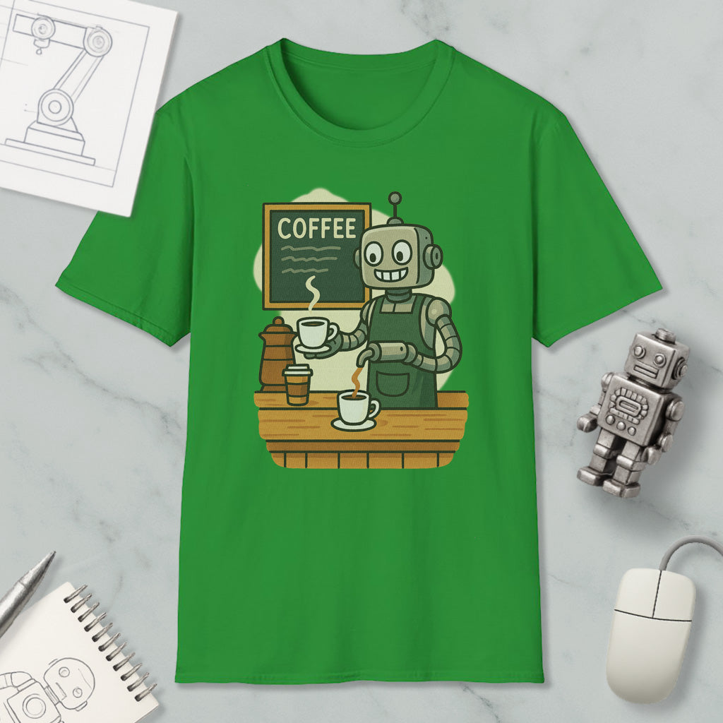 a green t-shirt with a cartoon robot depicted as a coffee shop employee, holding a cup of coffee and standing behind a counter.