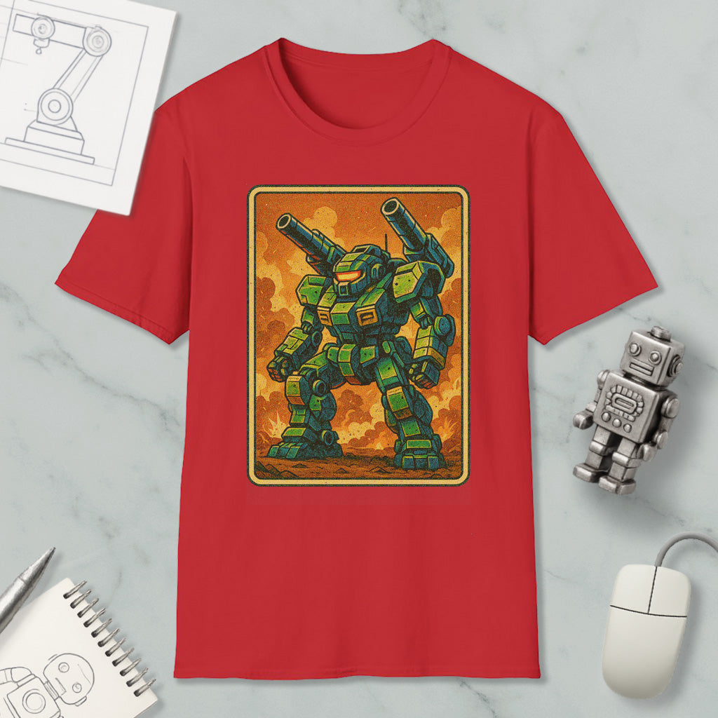 a red t-shirt with a graphic of a green robot or mechanical figure, along with various objects such as a computer mouse, a pen, and a notebook.