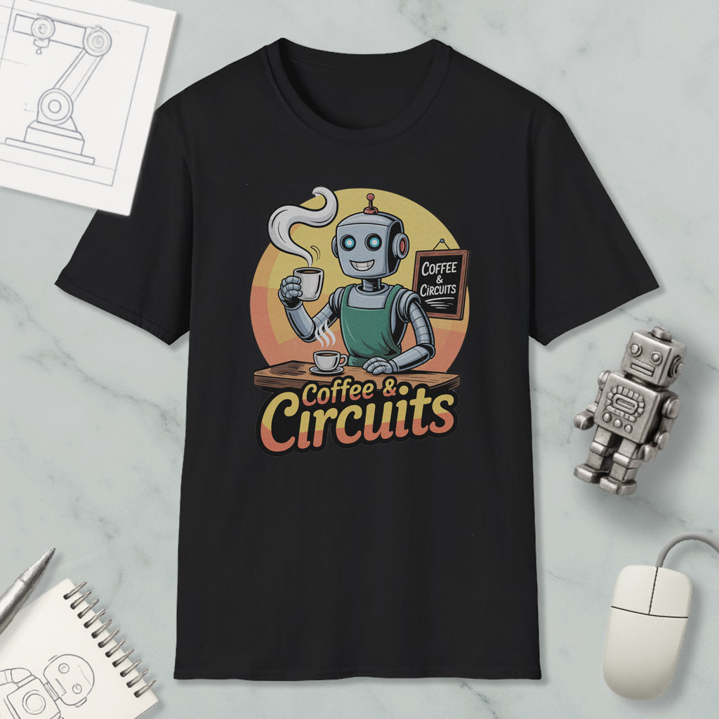 a black t-shirt with a graphic design depicting a robot holding a cup of coffee and a sign that says "Coffee & Circuits". The t-shirt is displayed on a marble surface, along with a computer mouse, a notebook, and a small robot figurine.