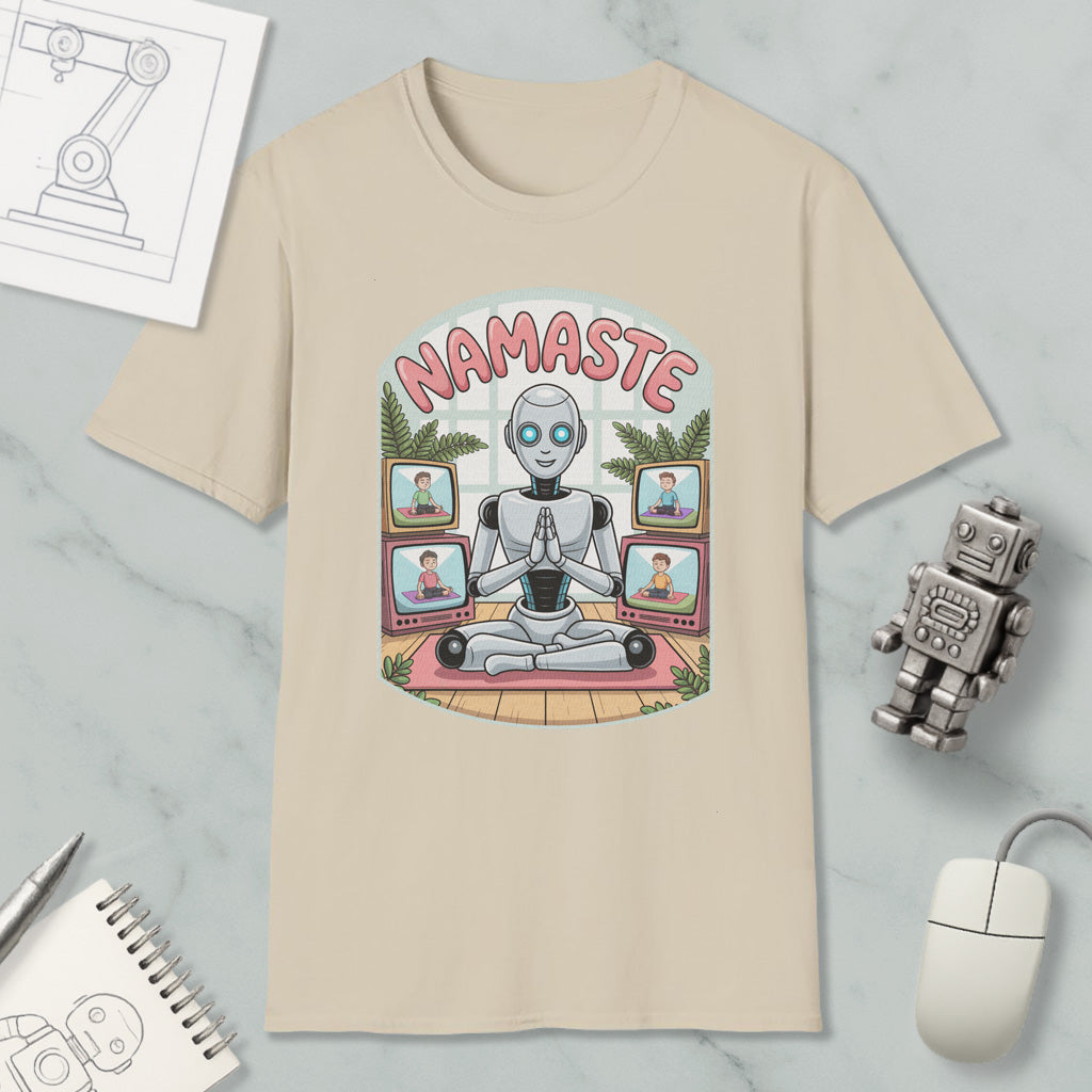 A t-shirt with a graphic design depicting a robot sitting in a meditative pose, surrounded by various images of people, with the word "NAMASTE" prominently displayed.