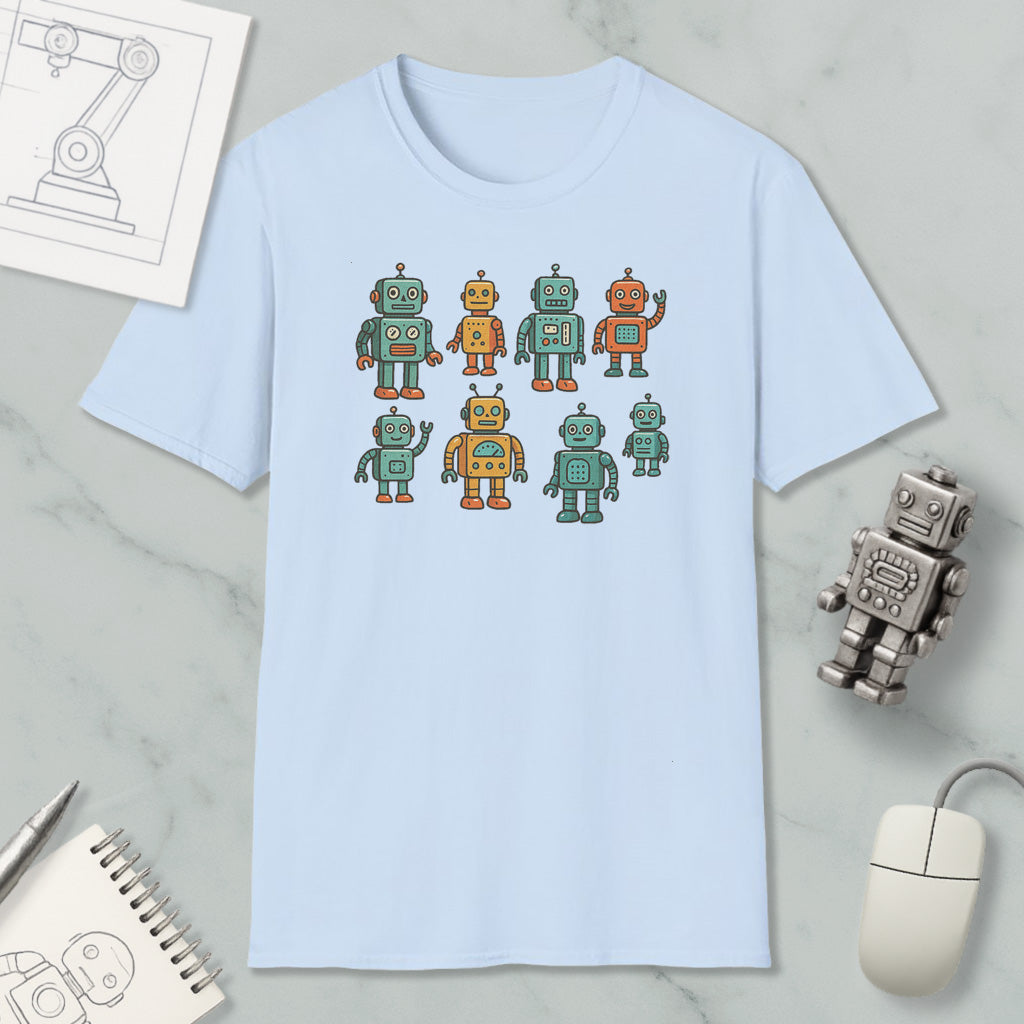 a light blue t-shirt with a graphic design of eight colorful robots, including four larger ones and four smaller ones, arranged in a square pattern. The t-shirt is placed on a marble surface, along with a computer mouse, a spiral notebook, and a small robot figurine.