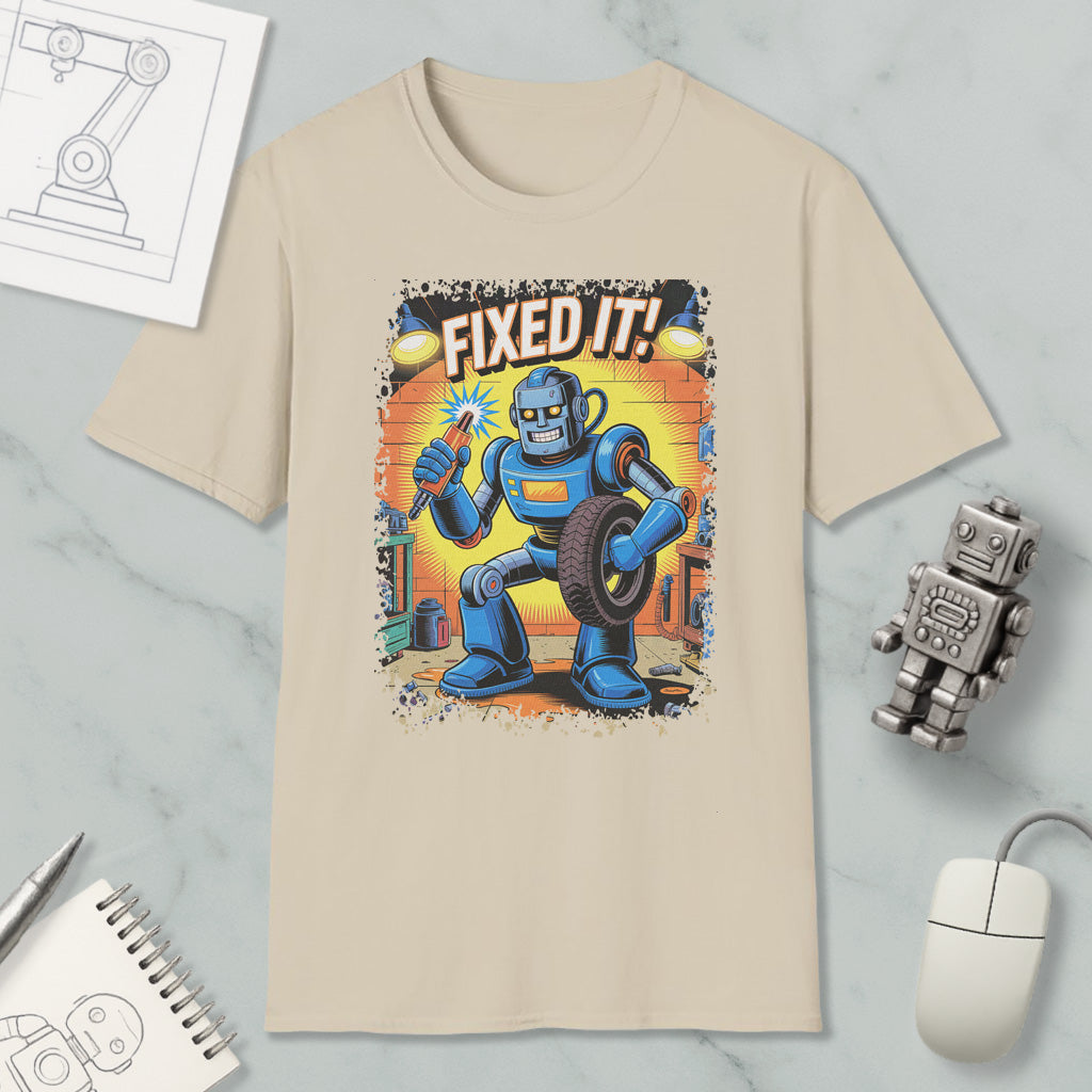a t-shirt with a cartoon robot holding a wrench and the text "FIXED IT!"