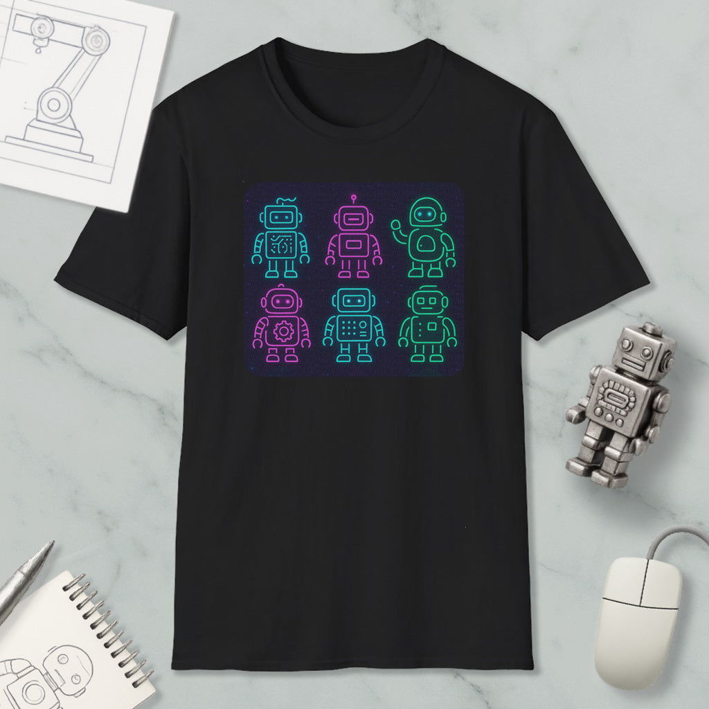 a black t-shirt with a graphic design of six robot characters in various poses, including one waving and one with a head. The t-shirt is displayed on a marble surface, along with a computer mouse, a notepad, and a pen.