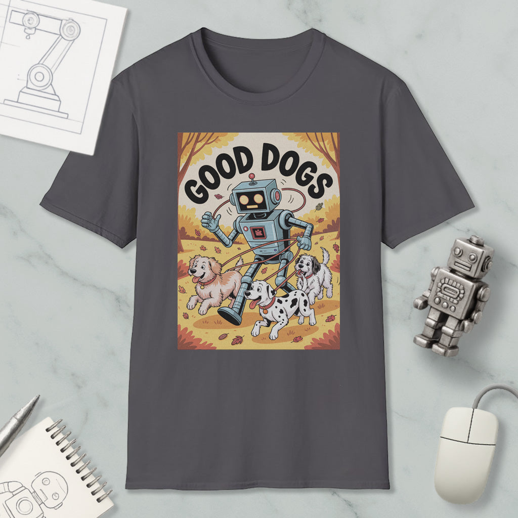 a gray t-shirt with a graphic design depicting a robot walking with three dogs, accompanied by the text "GOOD DOGS".
