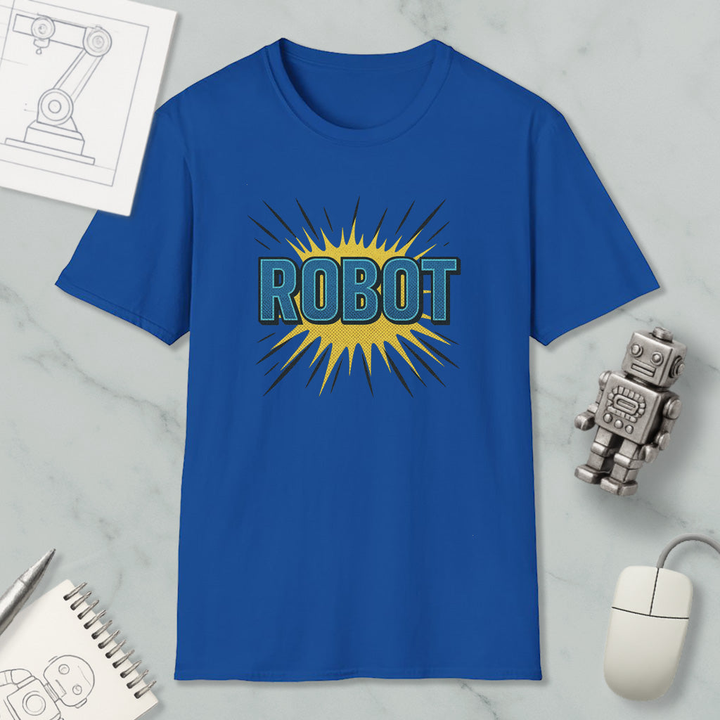 a blue t-shirt with a graphic design of a robot and rays emanating from it, along with a computer mouse and a notebook.