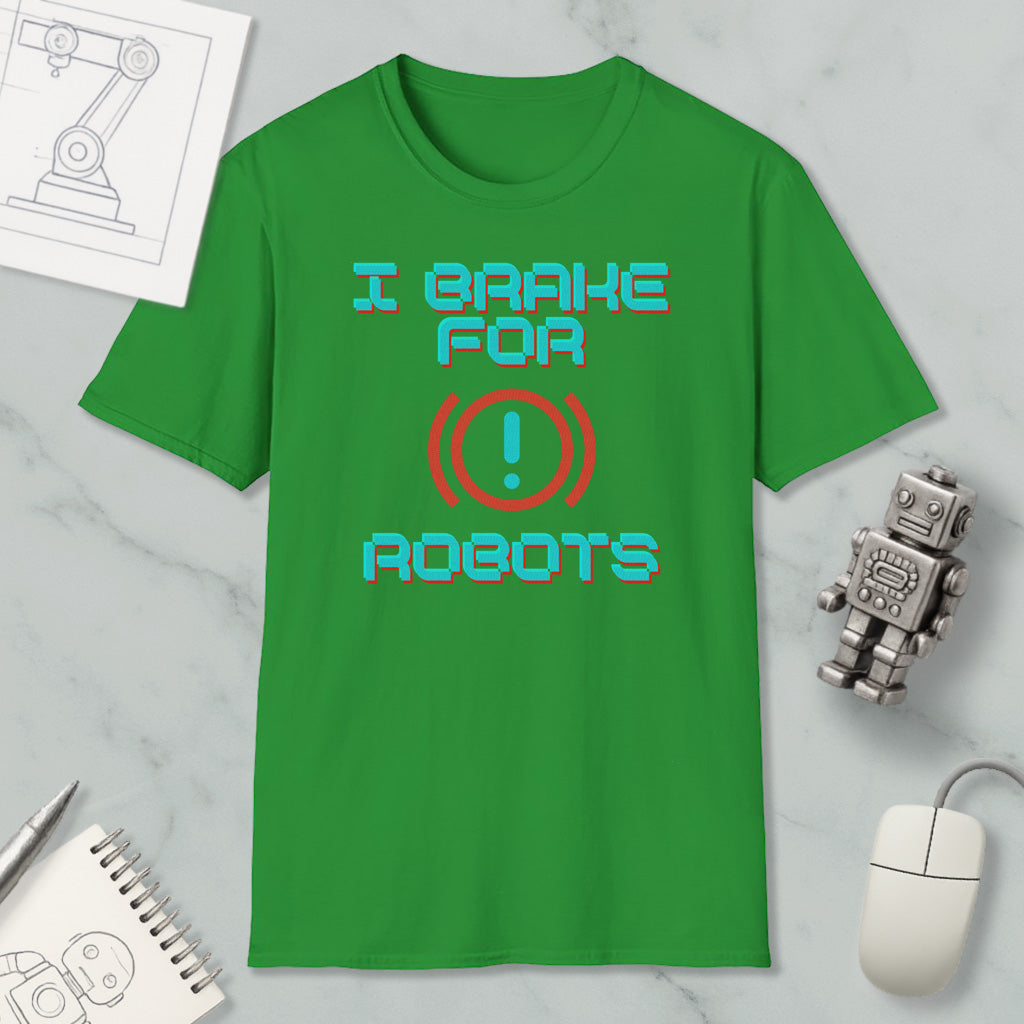 a green t-shirt with the text "I Brake for Robots" printed on it, along with a robot figure and a computer mouse.