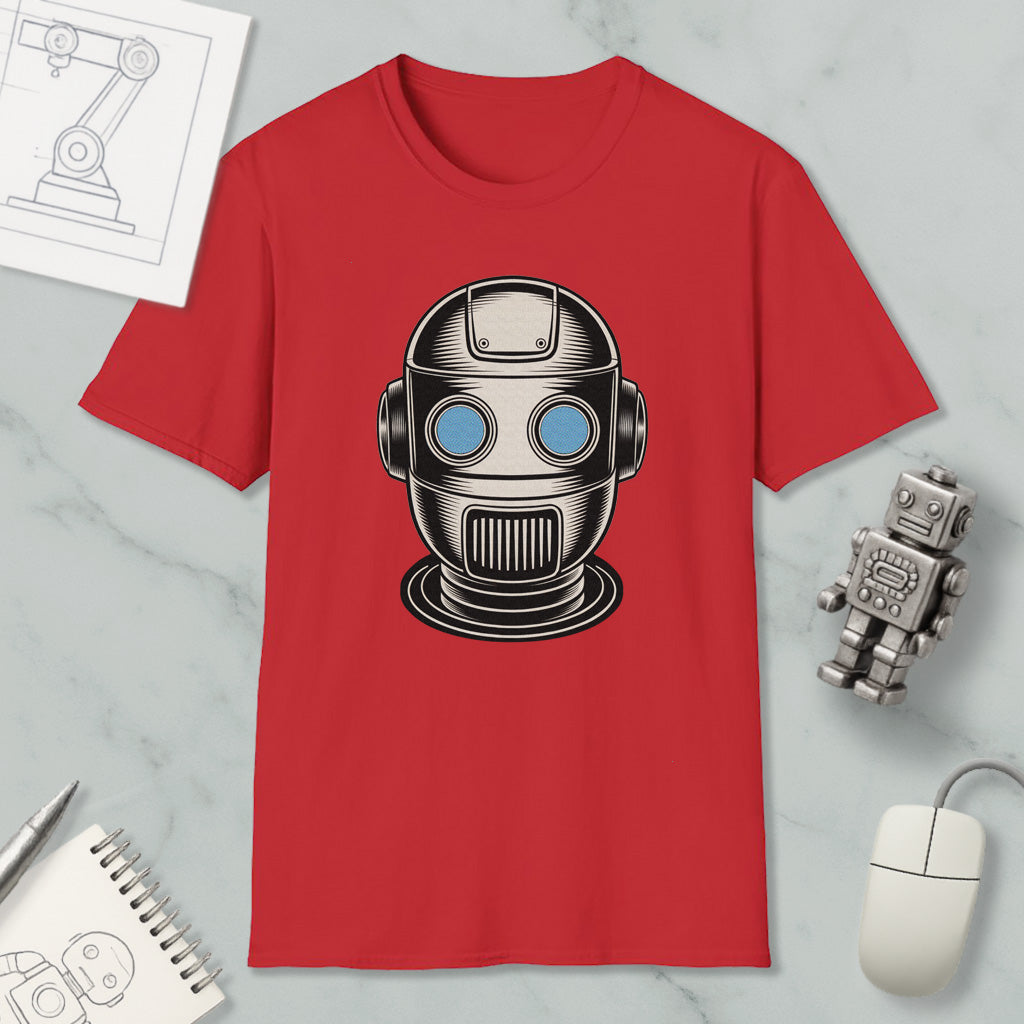 a red t-shirt with a graphic of a robot or robot head, along with a computer mouse and a notebook.