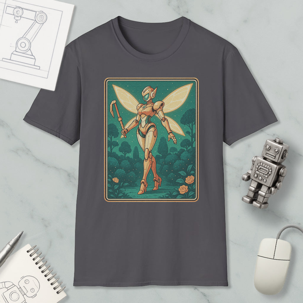 a gray t-shirt with a graphic design depicting a fairy-like robot or character with wings, standing in a forest-like setting. The t-shirt is displayed on a marble surface, along with a computer mouse, a notebook, and a small robot figurine.