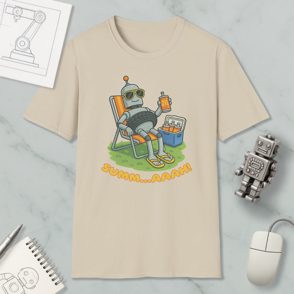 a t-shirt with a cartoon robot sitting in a chair, holding a drink and surrounded by various objects such as a computer mouse, a notebook, and a robot figurine.