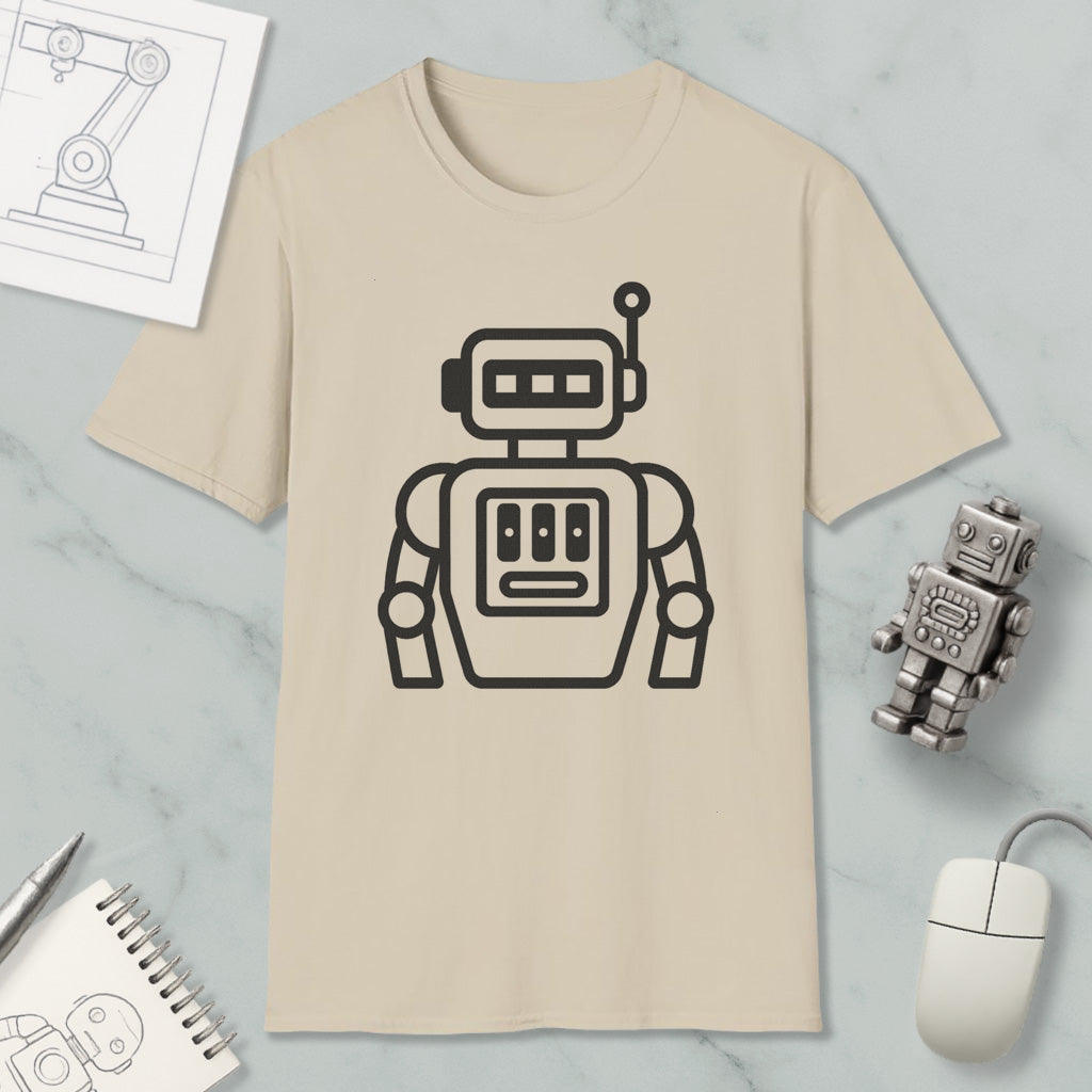 a beige t-shirt with a black robot graphic, along with a small robot toy and a computer mouse.