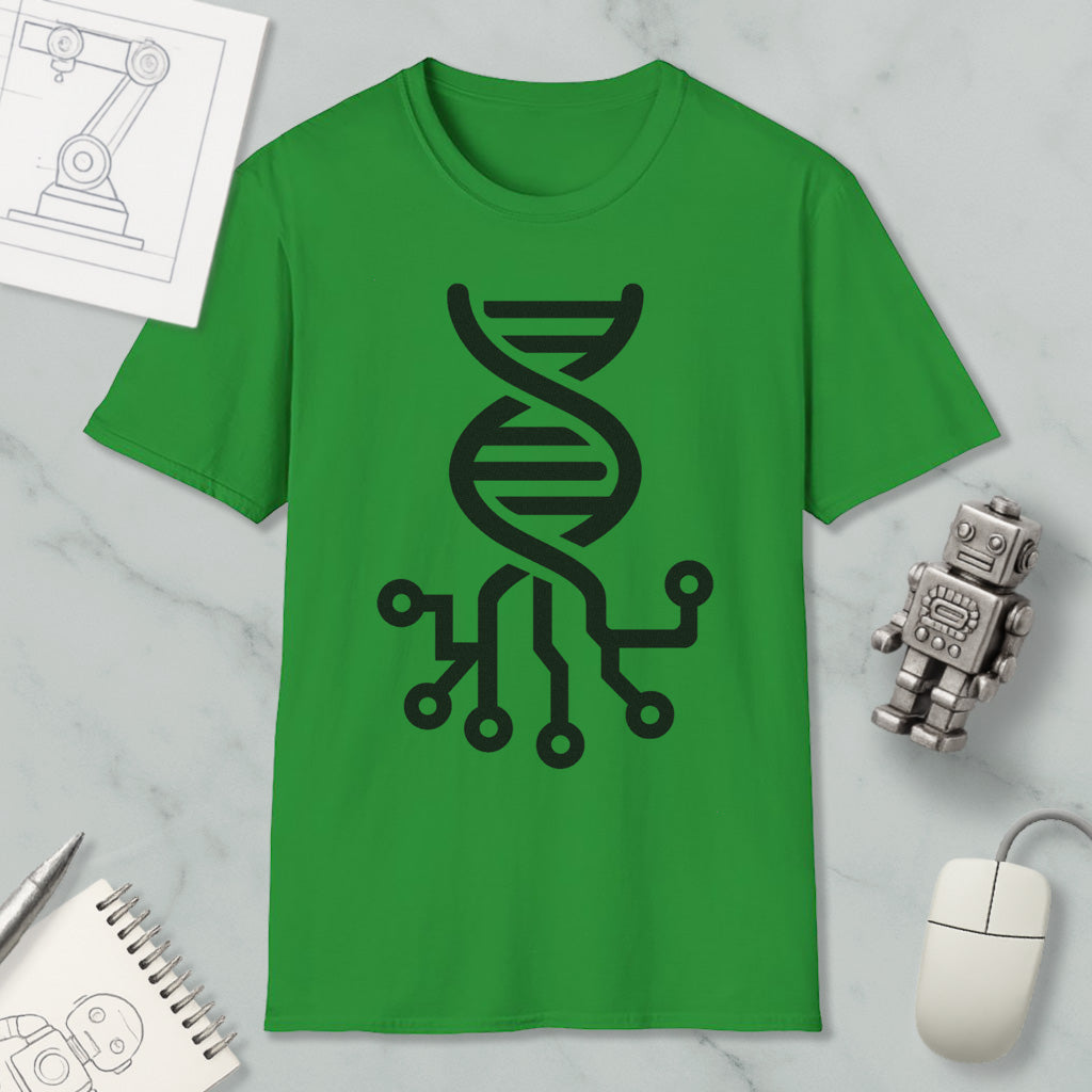 a green t-shirt with a black circuit board design, along with a computer mouse, a notebook, and a small robot figurine.