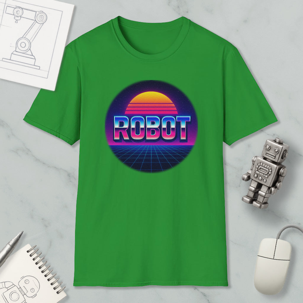 a green t-shirt with a graphic design of a robot and a sunset, along with various objects such as a computer mouse, a notebook, and a pen.