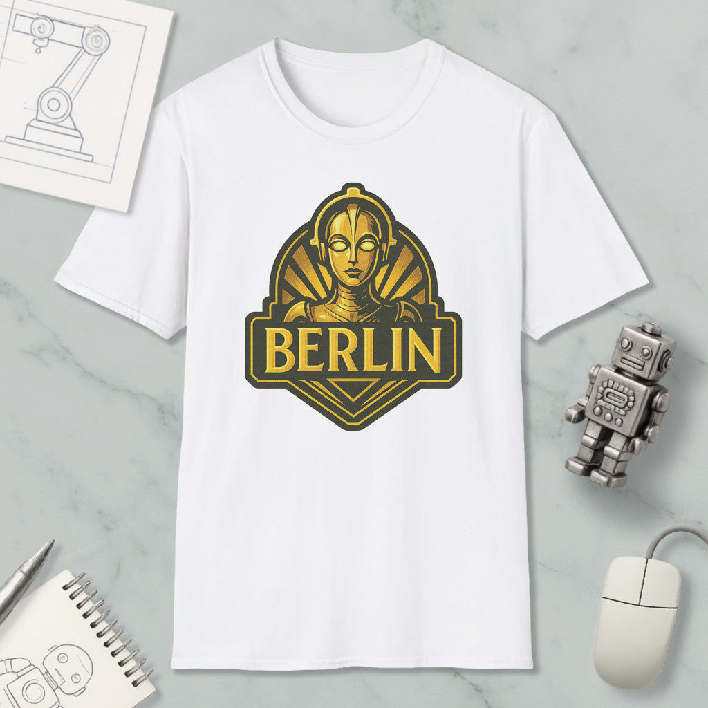 a white t-shirt with a graphic design of a robot or character, along with a computer mouse and other office supplies.