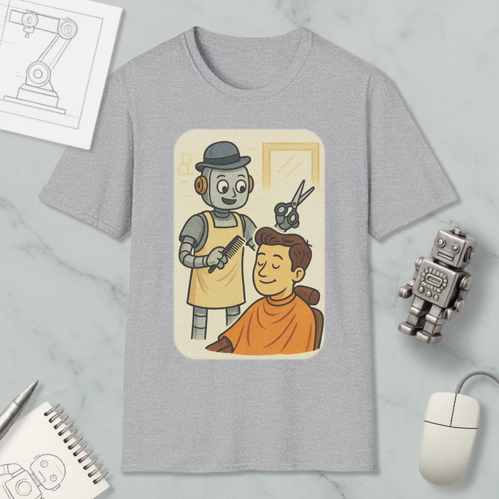 a gray t-shirt with a cartoon illustration of a robot barber cutting a man's hair. The robot barber is holding scissors and a comb, while the man is sitting in a chair. The scene is set in a barber shop, with various objects such as a computer mouse, a notebook, and a robot toy in the background.