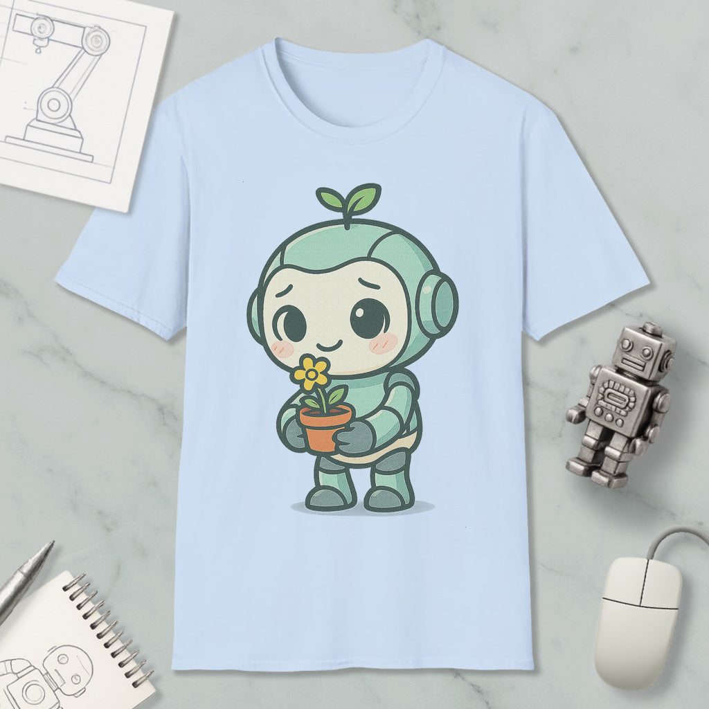 A light blue t-shirt with a cartoon character holding a flower, surrounded by various objects such as a computer mouse, a robot, and a notebook.
