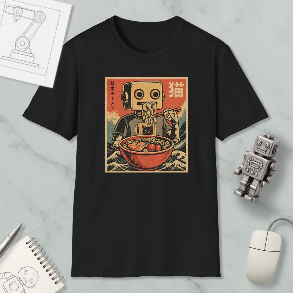 a black t-shirt with a graphic design depicting a robot eating noodles, surrounded by various objects such as a mouse, a notebook, and a robot figurine.