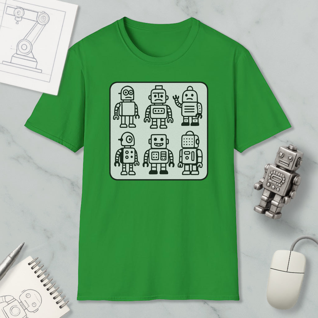 a green t-shirt with a graphic design of six cartoon-style robots, along with a computer mouse and a notebook on a marble surface.