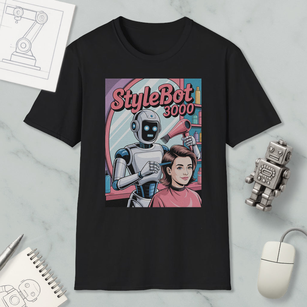 a black t-shirt with a graphic design depicting a robot hairdresser styling a woman's hair. The robot is holding a hairdryer and is positioned in front of a mirror. The design also includes a text overlay that reads "StyleBot 3000".