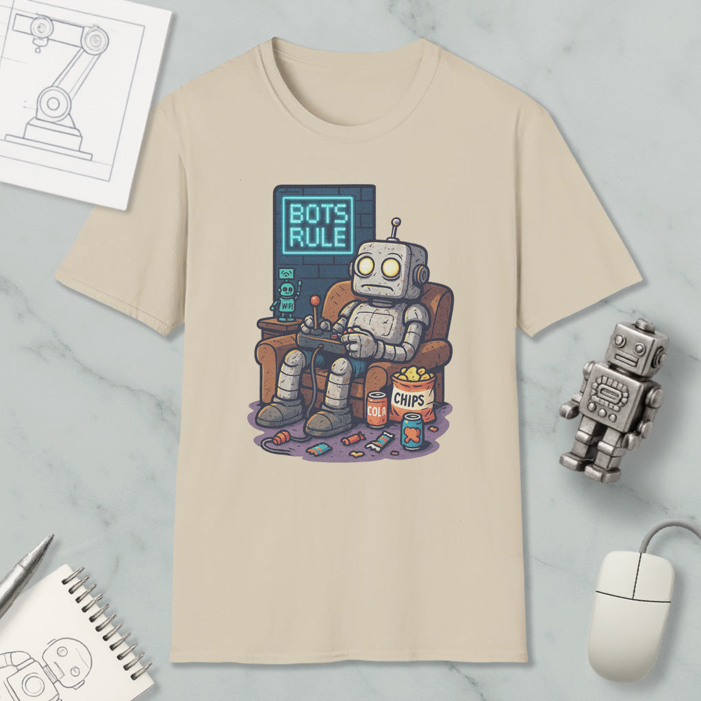 A t-shirt with a cartoon robot sitting in a chair and playing a video game, with the text "BOTS RULE" displayed on the screen.