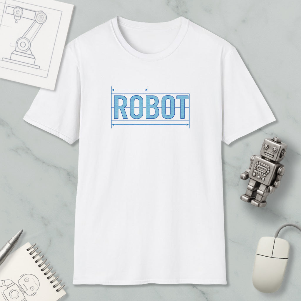 a white t-shirt with the word "ROBOT" printed on it, along with a small robot figurine and some technical drawings or sketches.