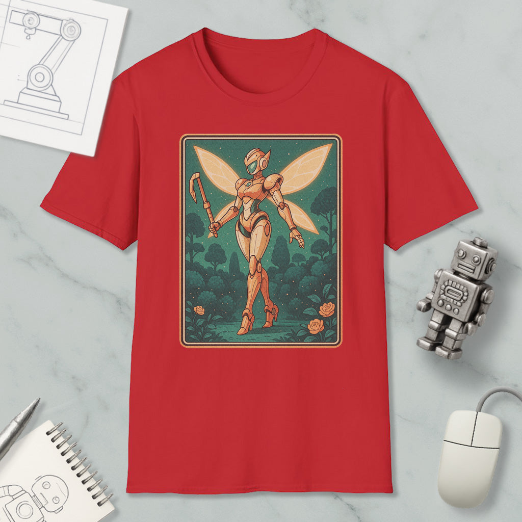 a red t-shirt with a graphic design of a fairy-like robot or character, surrounded by various objects such as a computer mouse, a notebook, and a small robot.